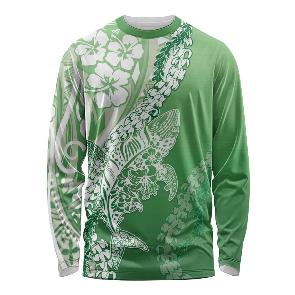 Hawaii Puakenikeni And Maile Lei Long Sleeve Shirt Green Polynesian Shark Tattoo DT05