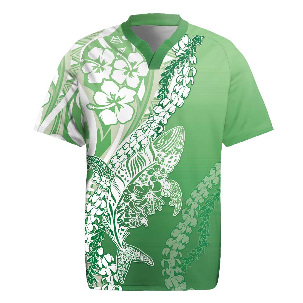 Hawaii Puakenikeni And Maile Lei Rugby Jersey Green Polynesian Shark Tattoo DT05