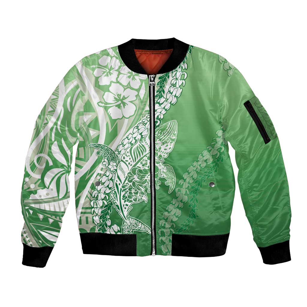 Hawaii Puakenikeni And Maile Lei Sleeve Zip Bomber Jacket Green Polynesian Shark Tattoo DT05 Unisex Green - Polynesian Pride