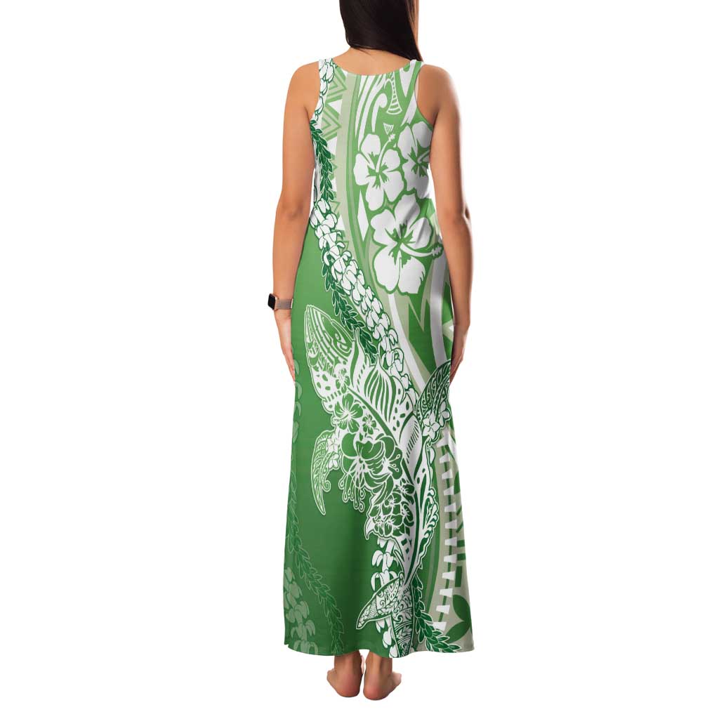 Hawaii Puakenikeni And Maile Lei Tank Maxi Dress Green Polynesian Shark Tattoo DT05