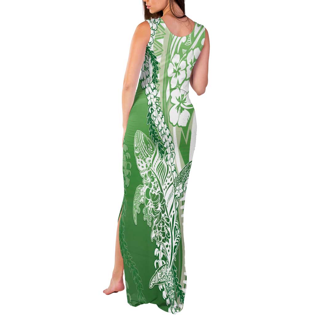 Hawaii Puakenikeni And Maile Lei Tank Maxi Dress Green Polynesian Shark Tattoo DT05