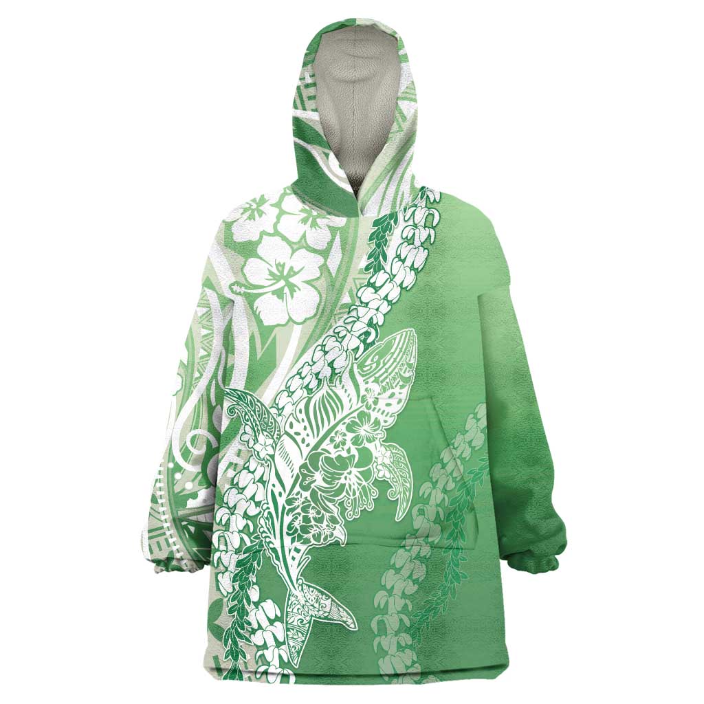 Hawaii Puakenikeni And Maile Lei Wearable Blanket Hoodie Green Polynesian Shark Tattoo DT05