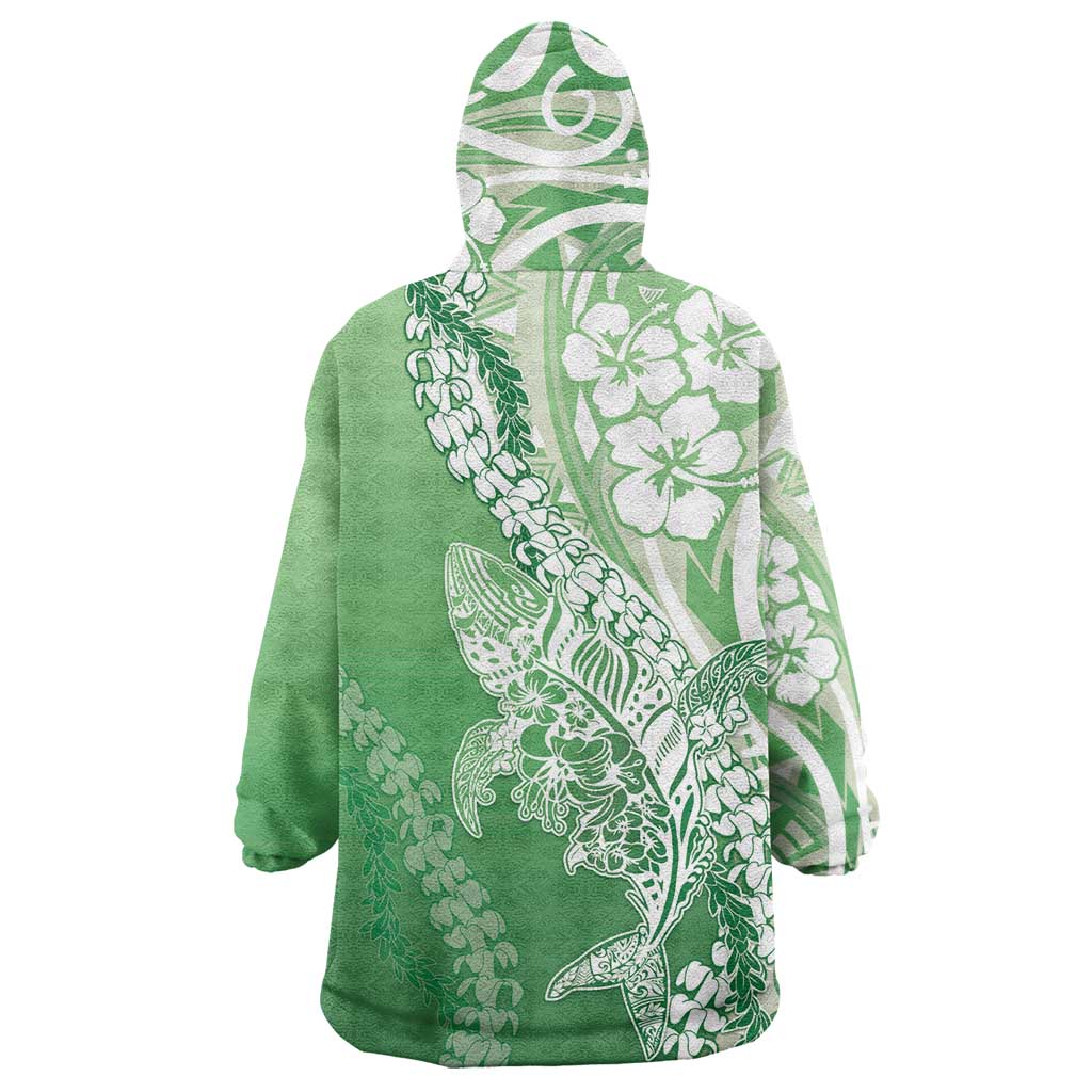 Hawaii Puakenikeni And Maile Lei Wearable Blanket Hoodie Green Polynesian Shark Tattoo DT05