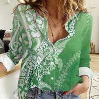 Hawaii Puakenikeni And Maile Lei Women Casual Shirt Green Polynesian Shark Tattoo DT05