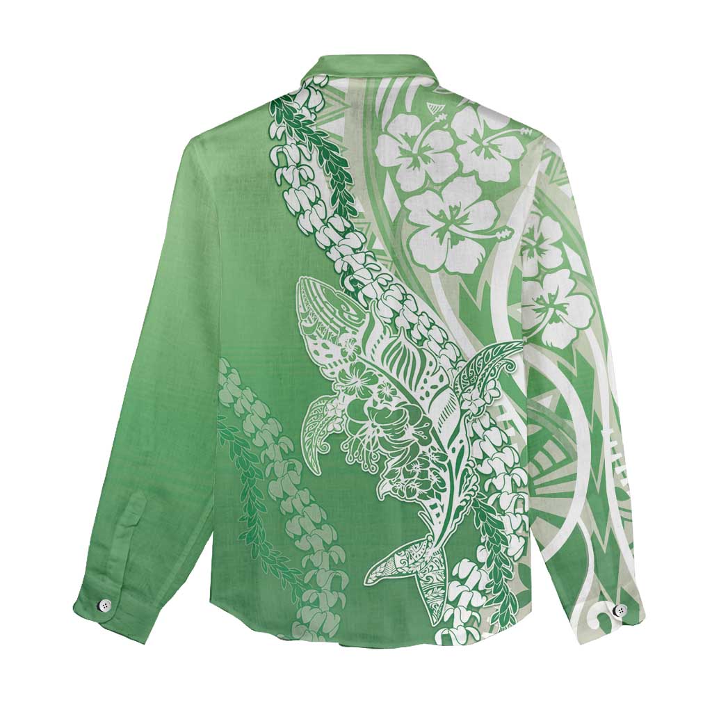 Hawaii Puakenikeni And Maile Lei Women Casual Shirt Green Polynesian Shark Tattoo DT05