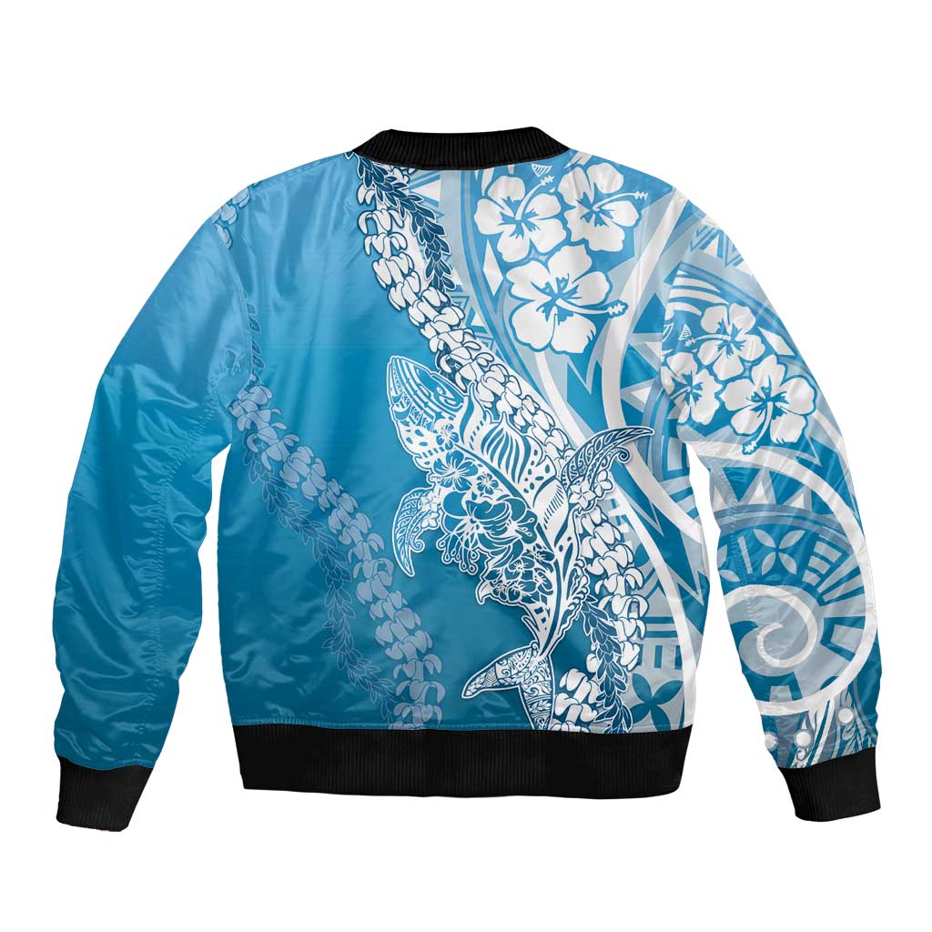 Hawaii Puakenikeni And Maile Lei Bomber Jacket Blue Polynesian Shark Tattoo DT05