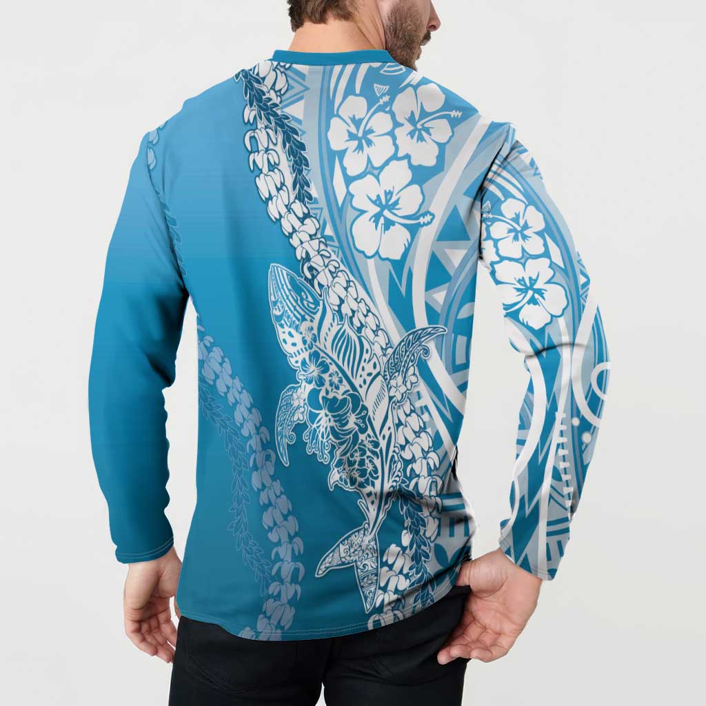 Hawaii Puakenikeni And Maile Lei Button Sweatshirt Blue Polynesian Shark Tattoo DT05