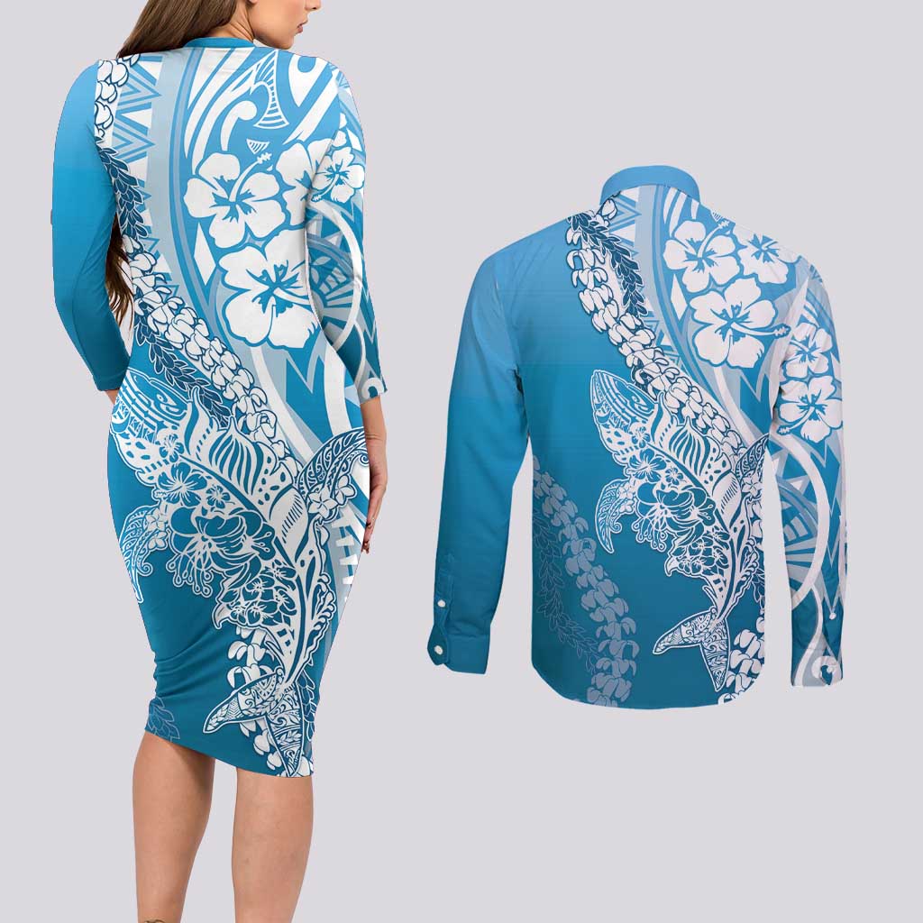 Hawaii Puakenikeni And Maile Lei Couples Matching Long Sleeve Bodycon Dress and Long Sleeve Button Shirt Blue Polynesian Shark Tattoo DT05