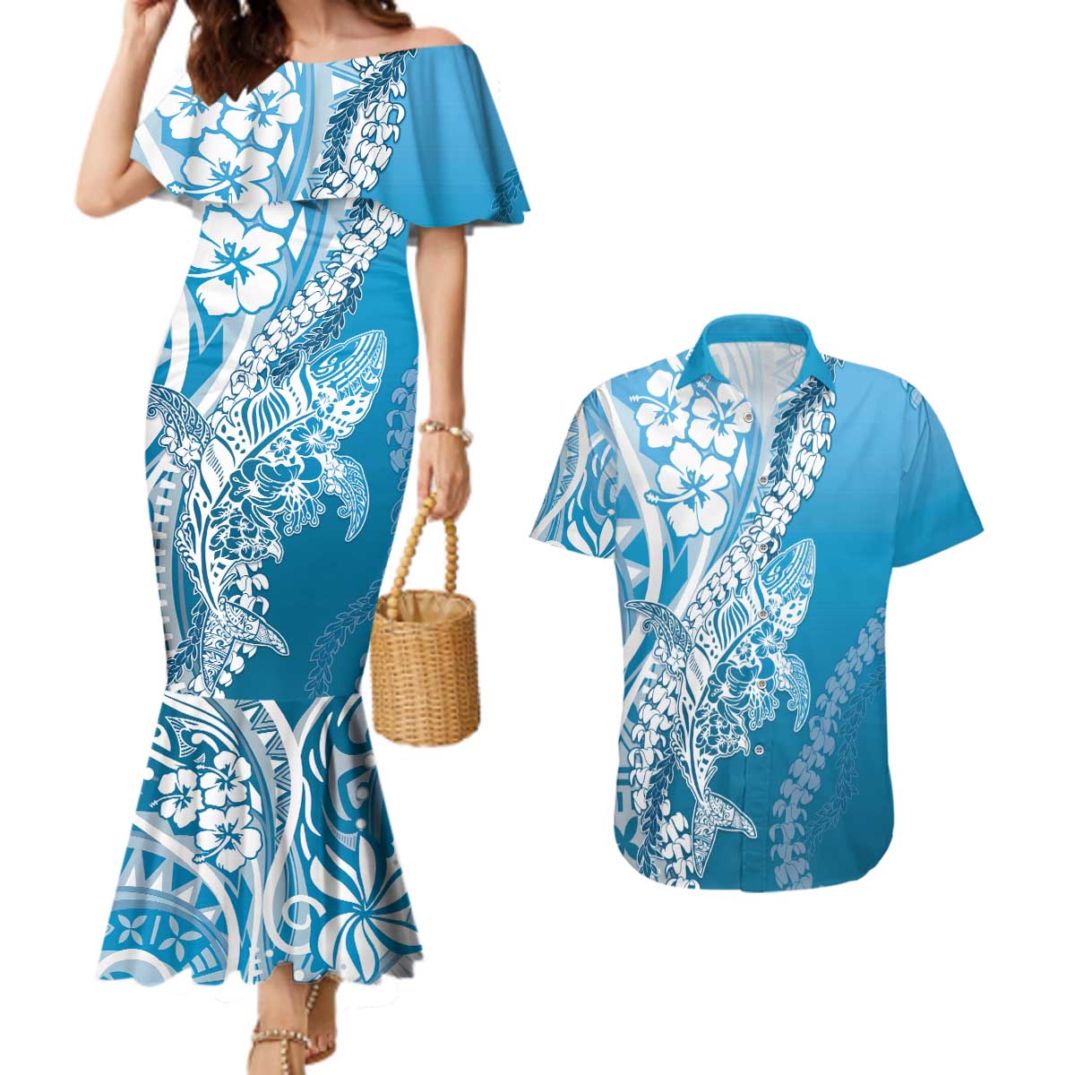 Hawaii Puakenikeni And Maile Lei Couples Matching Mermaid Dress and Hawaiian Shirt Blue Polynesian Shark Tattoo DT05