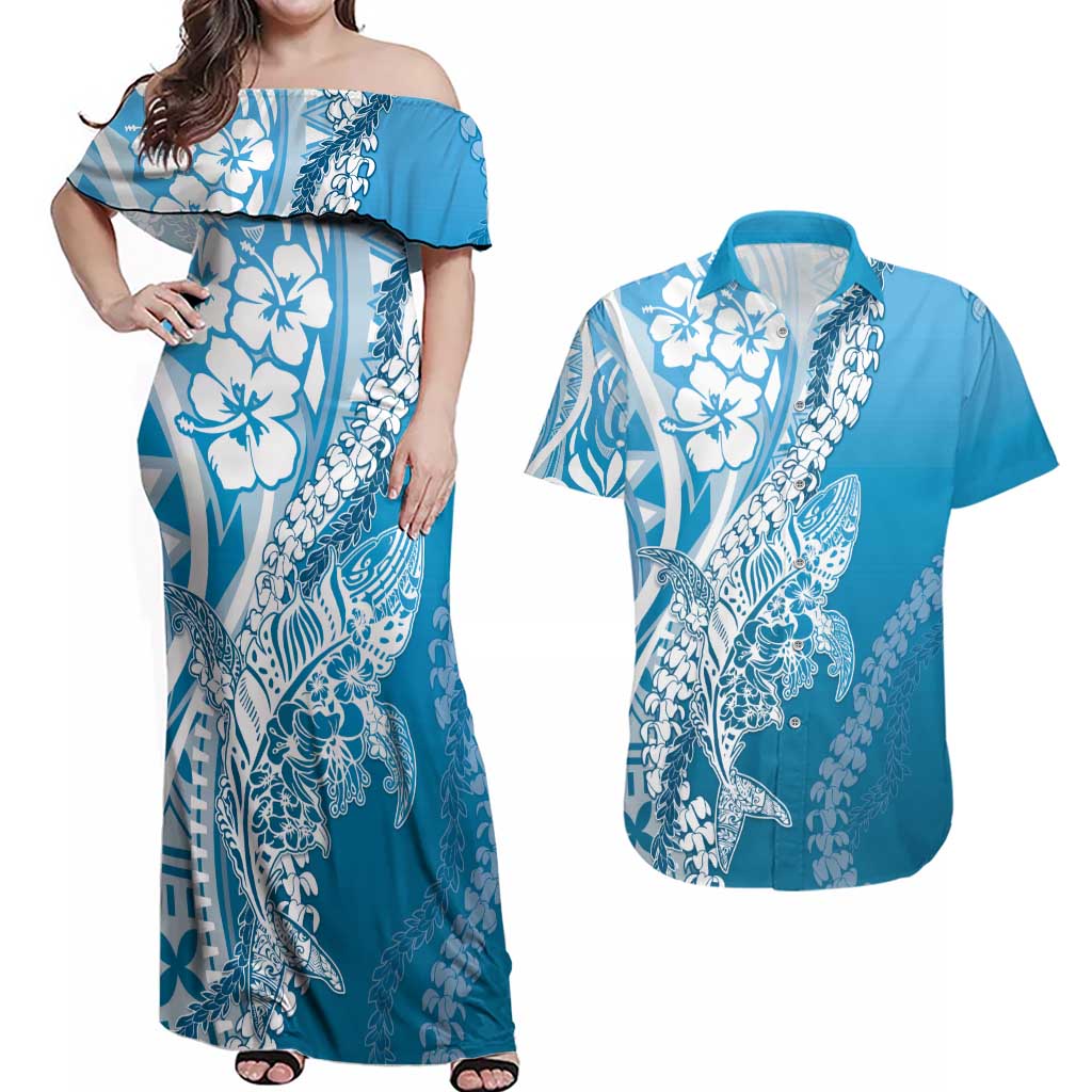 Hawaii Puakenikeni And Maile Lei Couples Matching Off Shoulder Maxi Dress and Hawaiian Shirt Blue Polynesian Shark Tattoo DT05