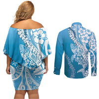 Hawaii Puakenikeni And Maile Lei Couples Matching Off Shoulder Short Dress and Long Sleeve Button Shirt Blue Polynesian Shark Tattoo DT05
