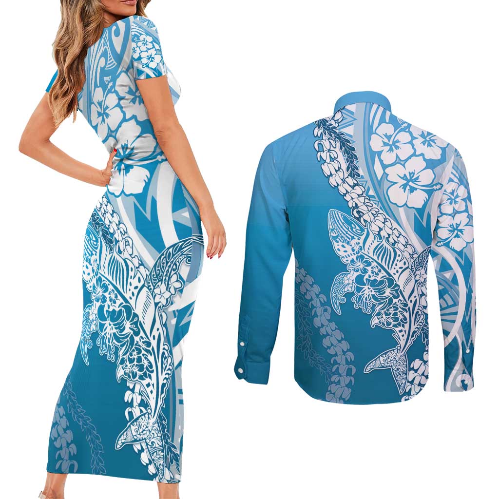 Hawaii Puakenikeni And Maile Lei Couples Matching Short Sleeve Bodycon Dress and Long Sleeve Button Shirt Blue Polynesian Shark Tattoo DT05