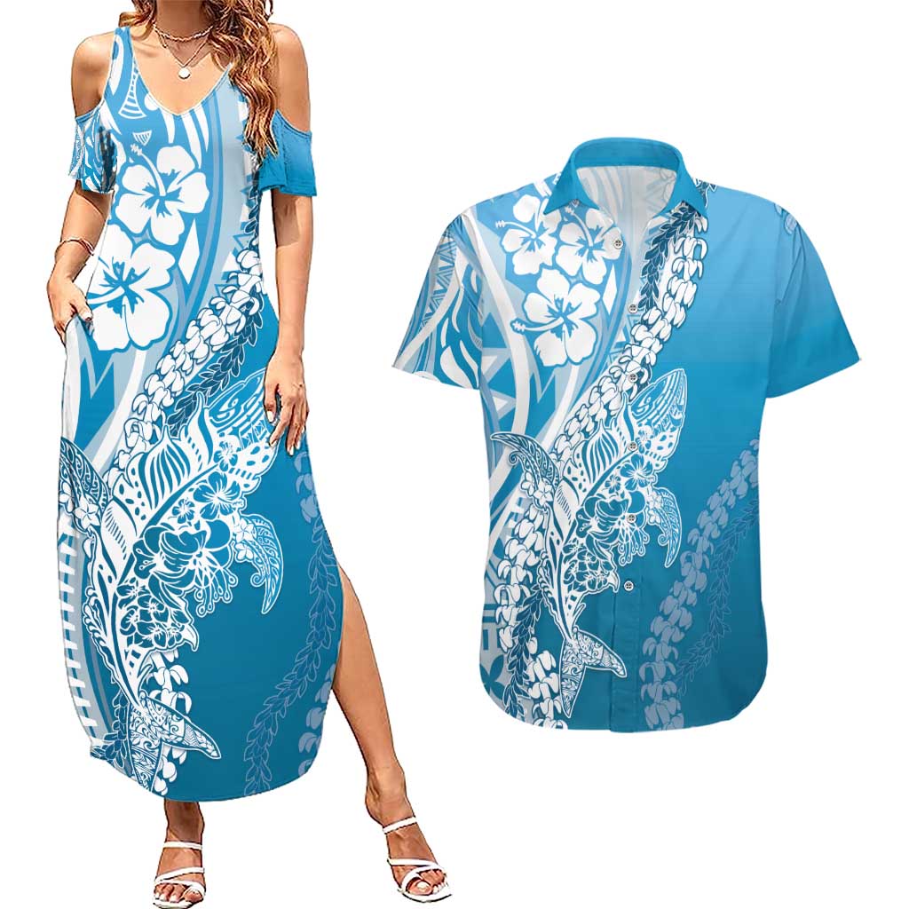 Hawaii Puakenikeni And Maile Lei Couples Matching Summer Maxi Dress and Hawaiian Shirt Blue Polynesian Shark Tattoo DT05