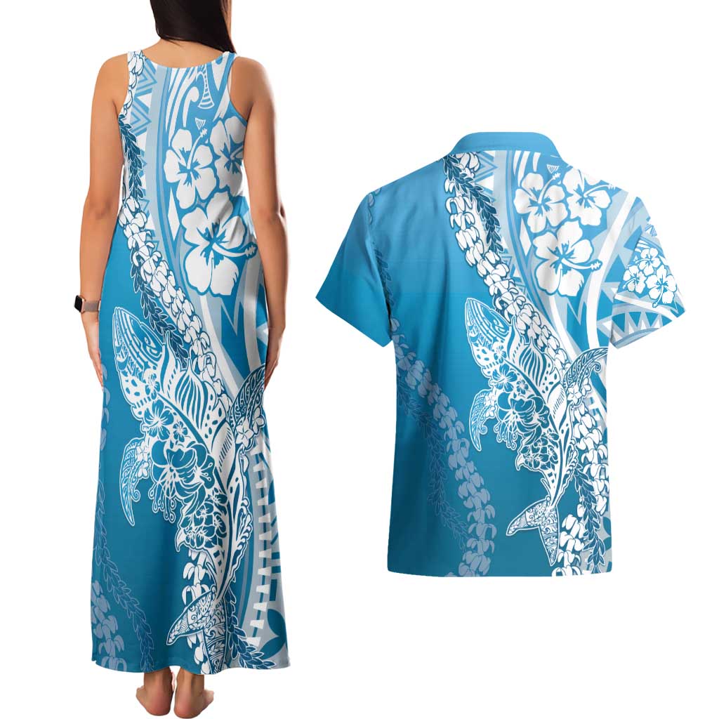 Hawaii Puakenikeni And Maile Lei Couples Matching Tank Maxi Dress and Hawaiian Shirt Blue Polynesian Shark Tattoo DT05