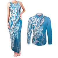 Hawaii Puakenikeni And Maile Lei Couples Matching Tank Maxi Dress and Long Sleeve Button Shirt Blue Polynesian Shark Tattoo DT05