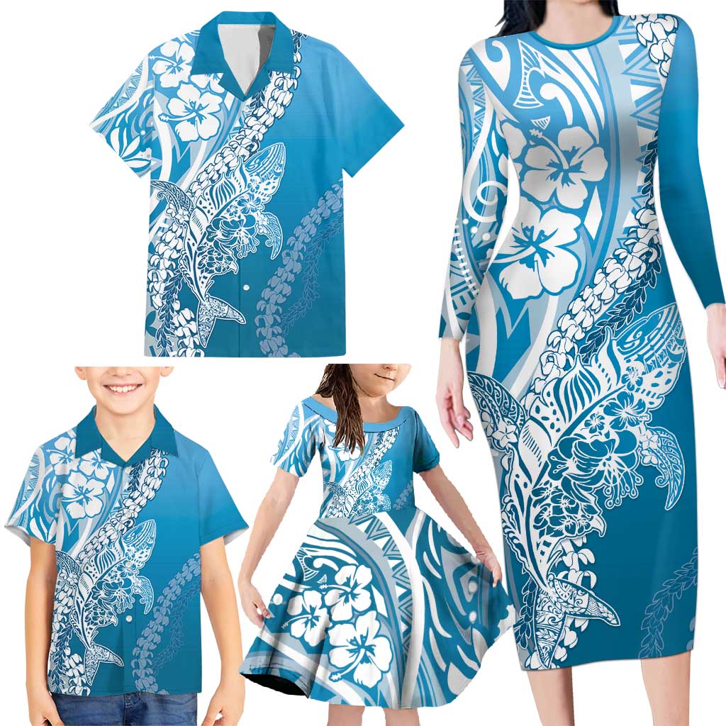 Hawaii Puakenikeni And Maile Lei Family Matching Long Sleeve Bodycon Dress and Hawaiian Shirt Blue Polynesian Shark Tattoo DT05