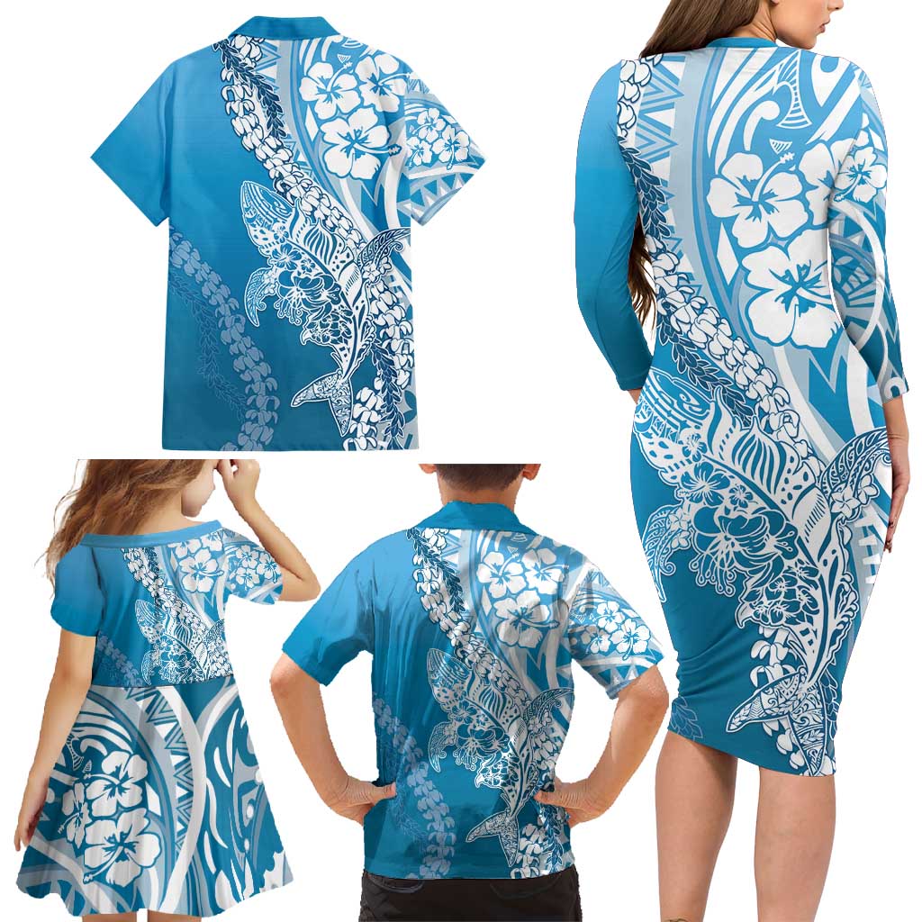 Hawaii Puakenikeni And Maile Lei Family Matching Long Sleeve Bodycon Dress and Hawaiian Shirt Blue Polynesian Shark Tattoo DT05