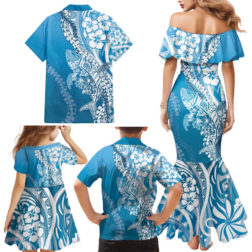 Hawaii Puakenikeni And Maile Lei Family Matching Mermaid Dress and Hawaiian Shirt Blue Polynesian Shark Tattoo DT05