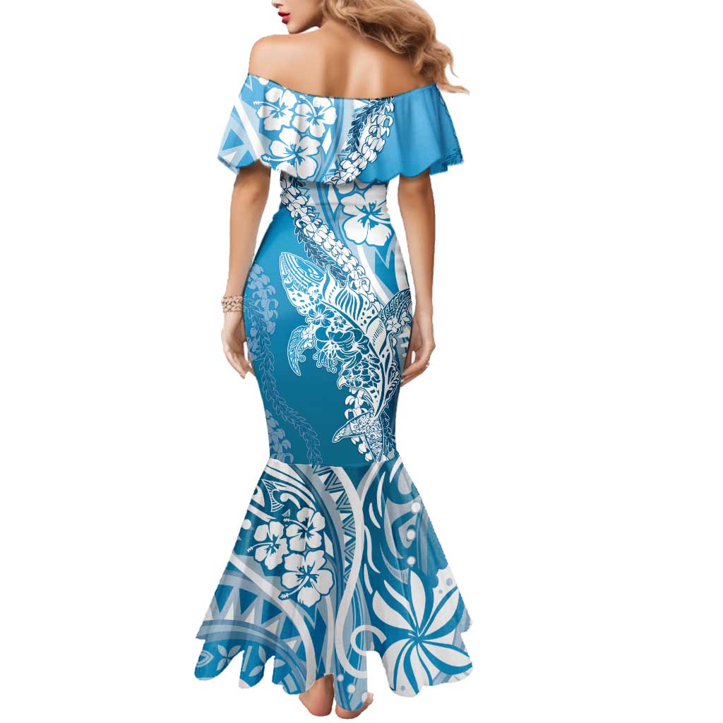 Hawaii Puakenikeni And Maile Lei Family Matching Mermaid Dress and Hawaiian Shirt Blue Polynesian Shark Tattoo DT05