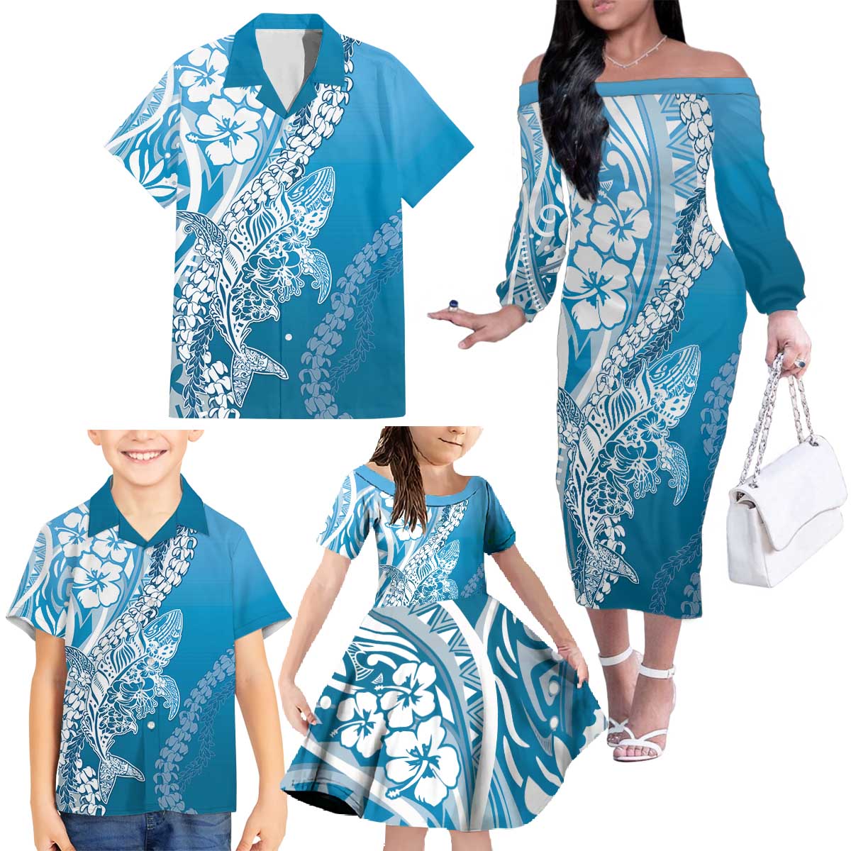 Hawaii Puakenikeni And Maile Lei Family Matching Off The Shoulder Long Sleeve Dress and Hawaiian Shirt Blue Polynesian Shark Tattoo DT05