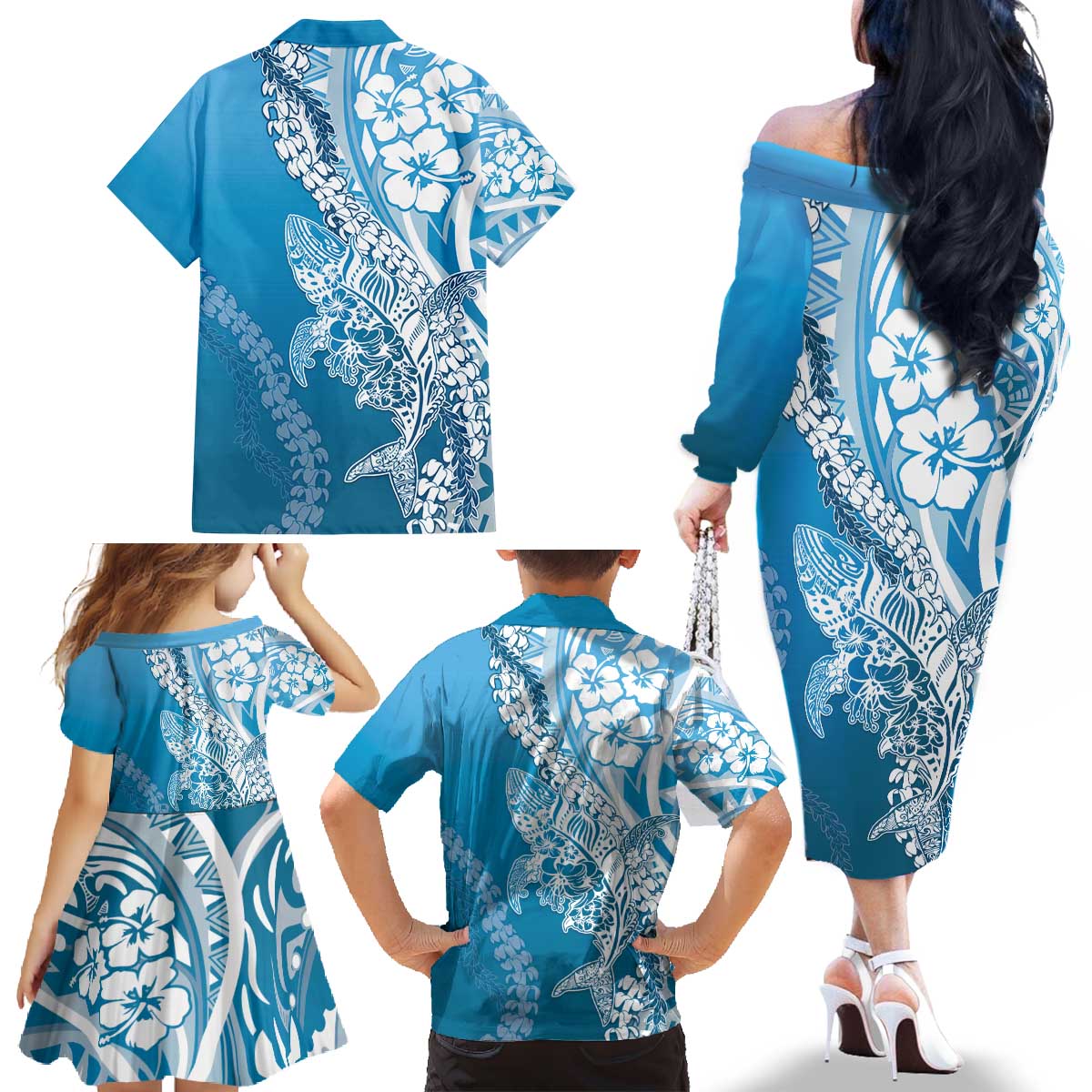 Hawaii Puakenikeni And Maile Lei Family Matching Off The Shoulder Long Sleeve Dress and Hawaiian Shirt Blue Polynesian Shark Tattoo DT05