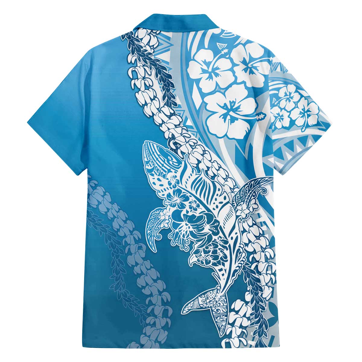 Hawaii Puakenikeni And Maile Lei Family Matching Off The Shoulder Long Sleeve Dress and Hawaiian Shirt Blue Polynesian Shark Tattoo DT05