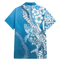 Hawaii Puakenikeni And Maile Lei Family Matching Off The Shoulder Long Sleeve Dress and Hawaiian Shirt Blue Polynesian Shark Tattoo DT05