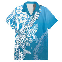 Hawaii Puakenikeni And Maile Lei Family Matching Off Shoulder Short Dress and Hawaiian Shirt Blue Polynesian Shark Tattoo DT05