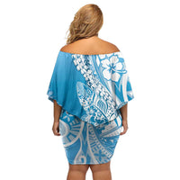 Hawaii Puakenikeni And Maile Lei Family Matching Off Shoulder Short Dress and Hawaiian Shirt Blue Polynesian Shark Tattoo DT05