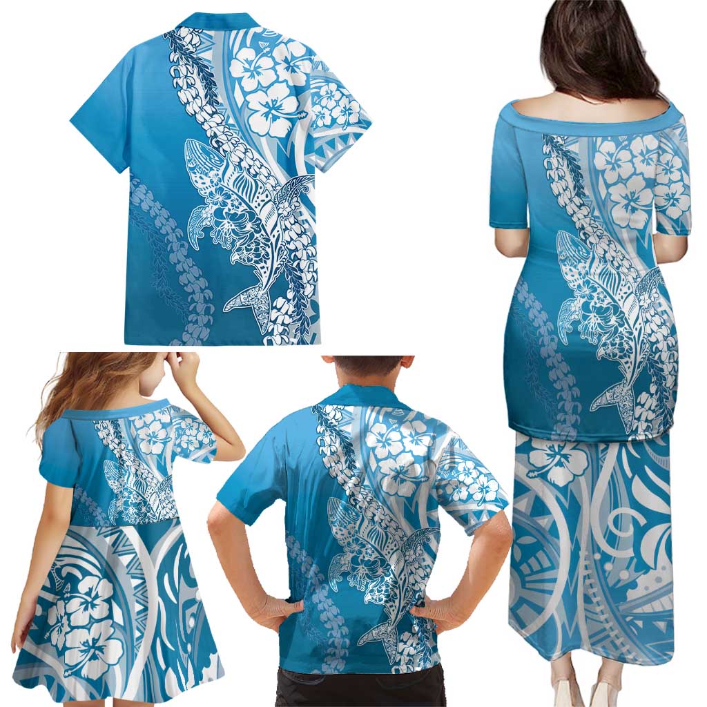 Hawaii Puakenikeni And Maile Lei Family Matching Puletasi and Hawaiian Shirt Blue Polynesian Shark Tattoo DT05