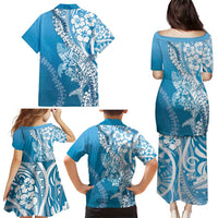 Hawaii Puakenikeni And Maile Lei Family Matching Puletasi and Hawaiian Shirt Blue Polynesian Shark Tattoo DT05