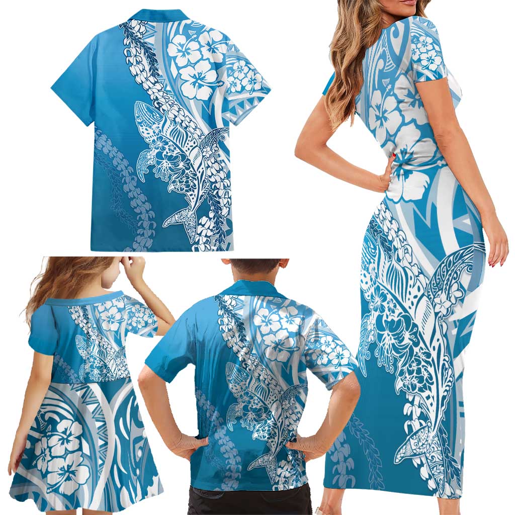 Hawaii Puakenikeni And Maile Lei Family Matching Short Sleeve Bodycon Dress and Hawaiian Shirt Blue Polynesian Shark Tattoo DT05