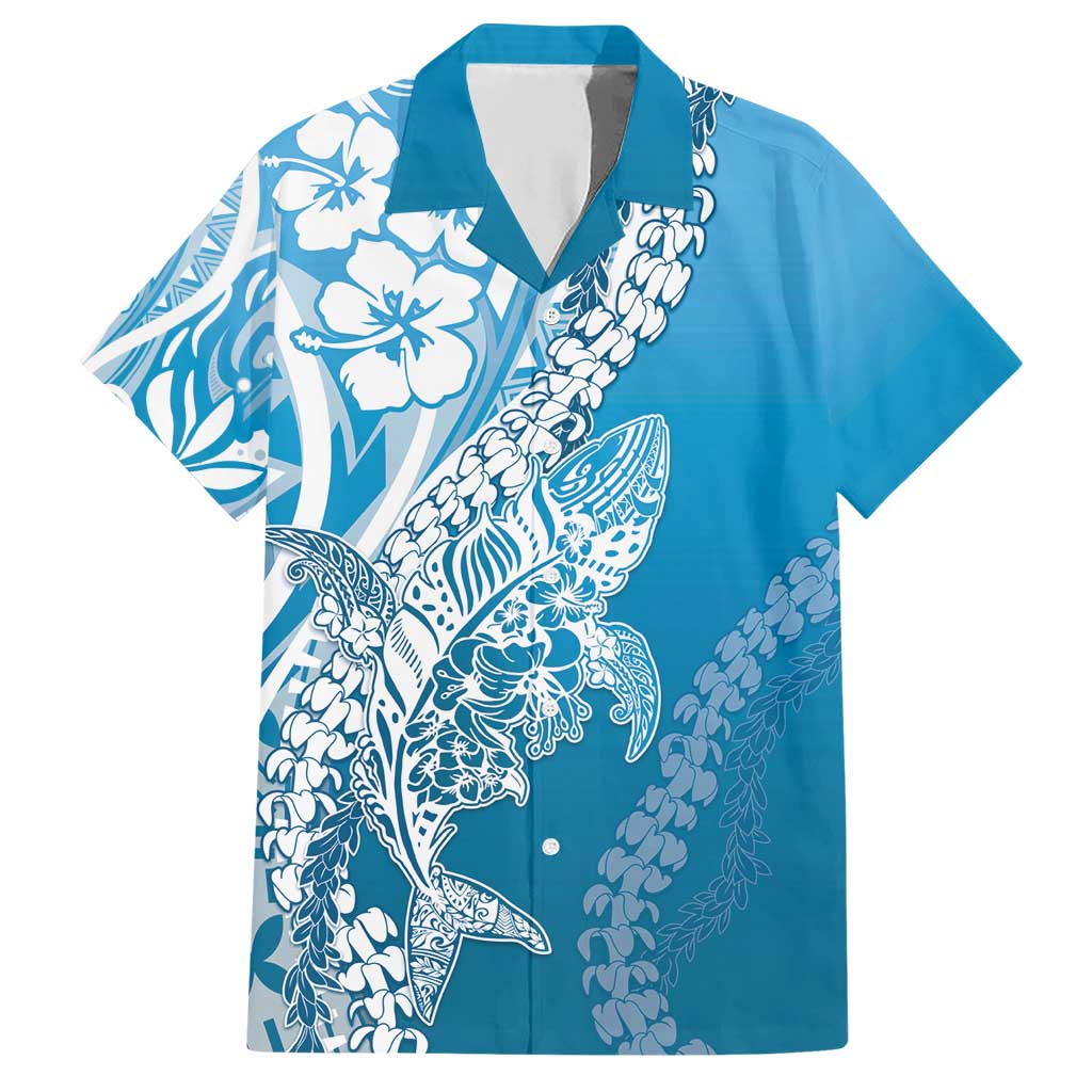 Hawaii Puakenikeni And Maile Lei Family Matching Short Sleeve Bodycon Dress and Hawaiian Shirt Blue Polynesian Shark Tattoo DT05