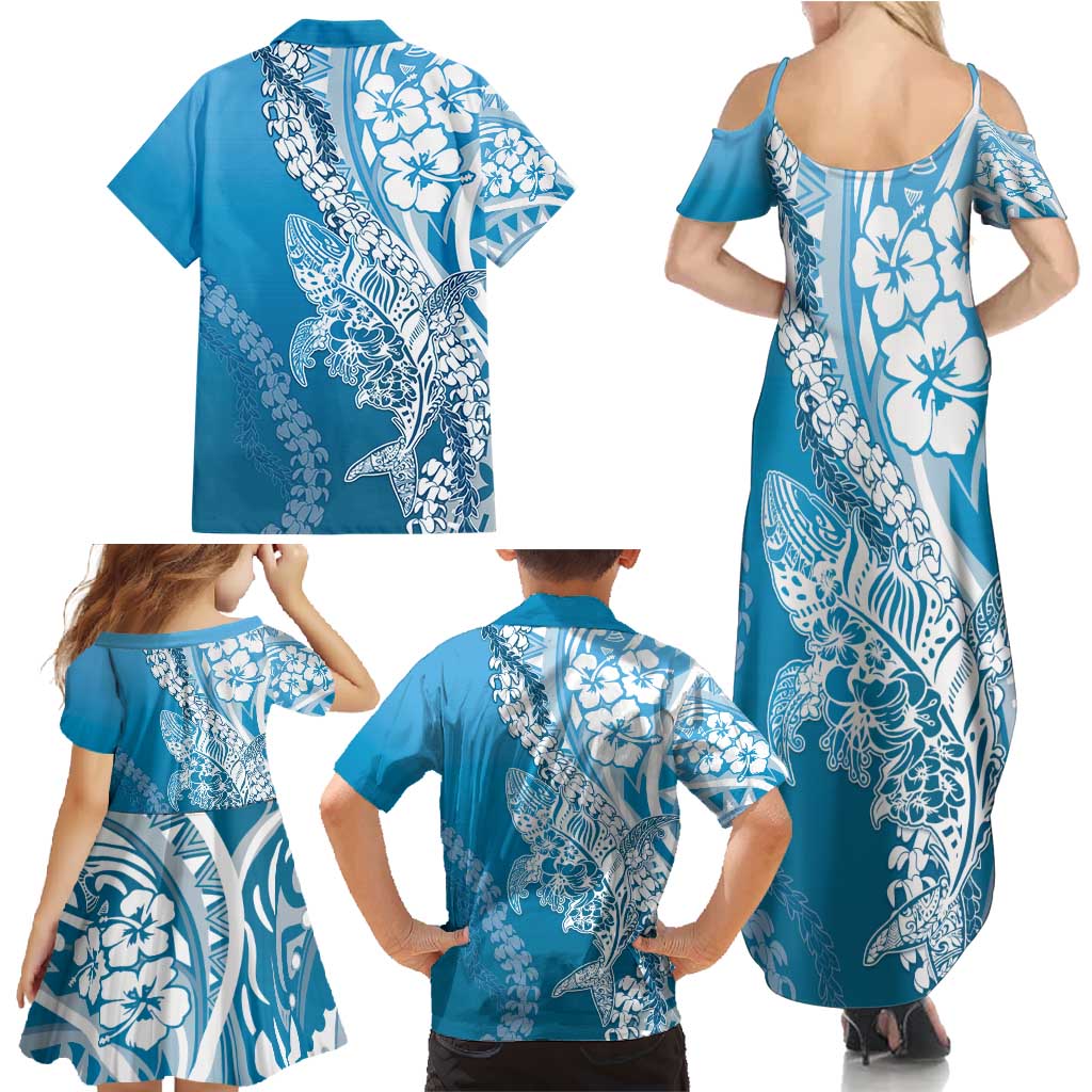Hawaii Puakenikeni And Maile Lei Family Matching Summer Maxi Dress and Hawaiian Shirt Blue Polynesian Shark Tattoo DT05
