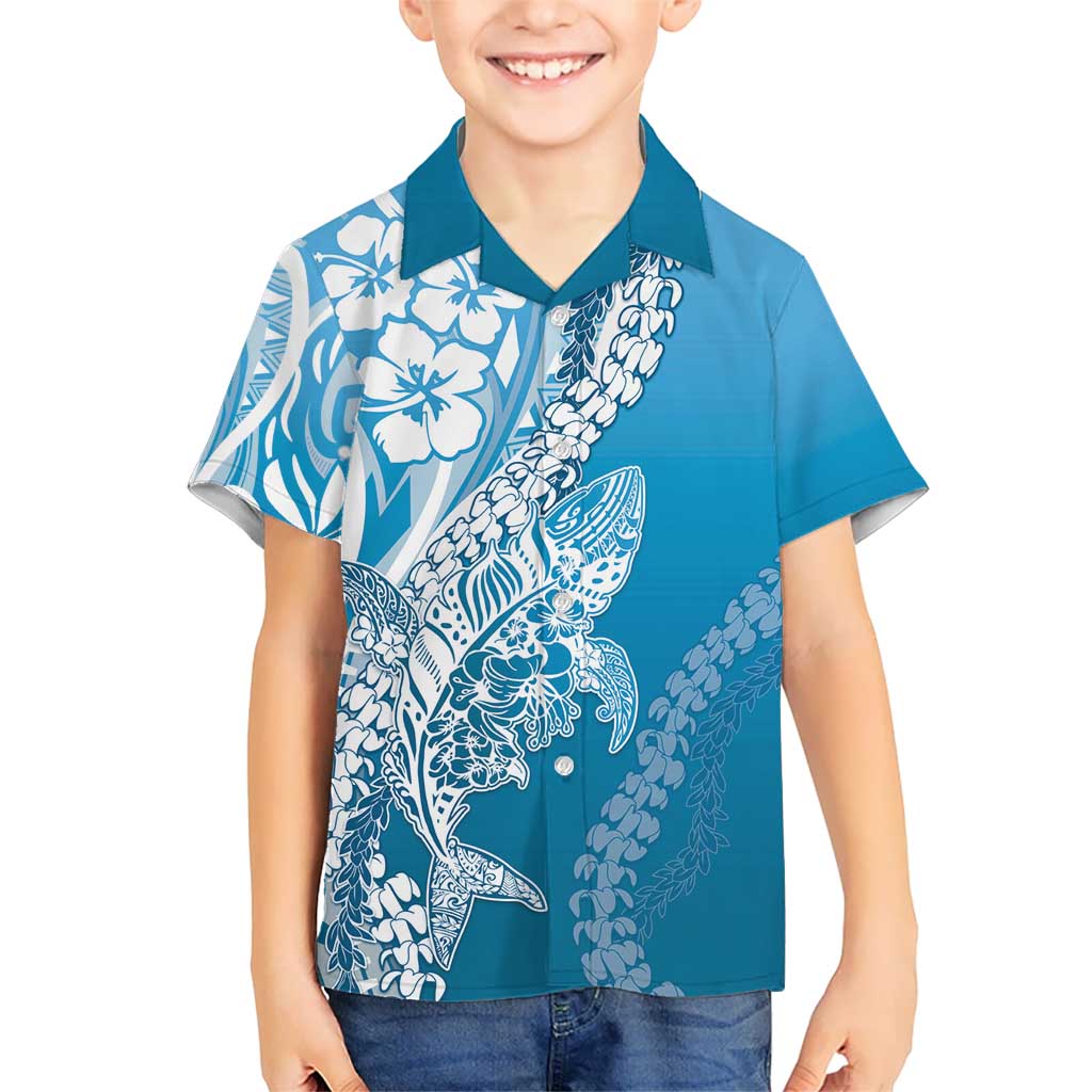 Hawaii Puakenikeni And Maile Lei Kid Hawaiian Shirt Blue Polynesian Shark Tattoo DT05 Kid Blue - Polynesian Pride