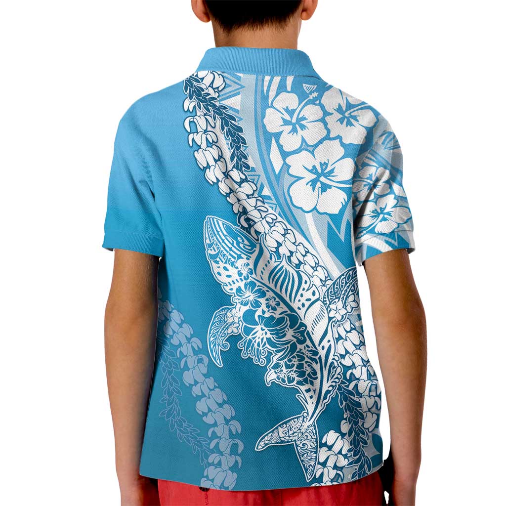 Hawaii Puakenikeni And Maile Lei Kid Polo Shirt Blue Polynesian Shark Tattoo DT05
