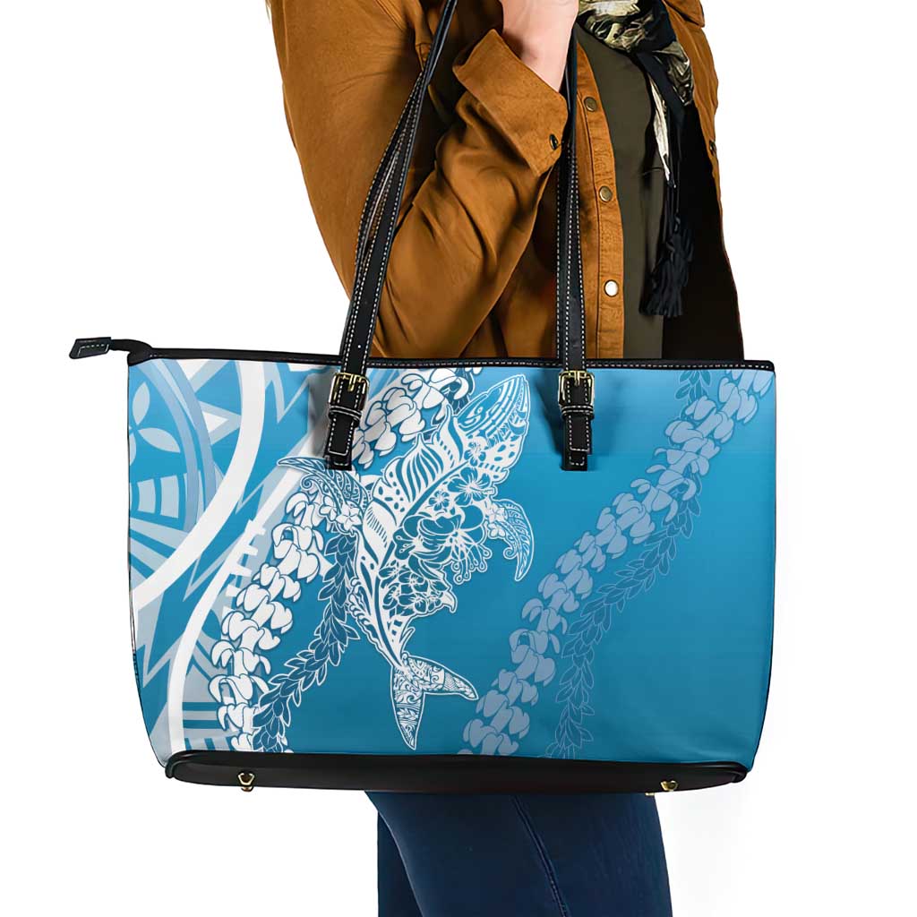 Hawaii Puakenikeni And Maile Lei Leather Tote Bag Blue Polynesian Shark Tattoo DT05