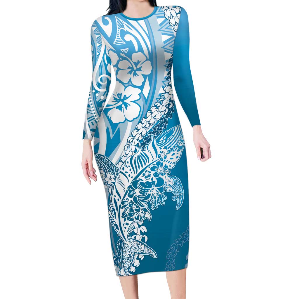 Hawaii Puakenikeni And Maile Lei Long Sleeve Bodycon Dress Blue Polynesian Shark Tattoo DT05