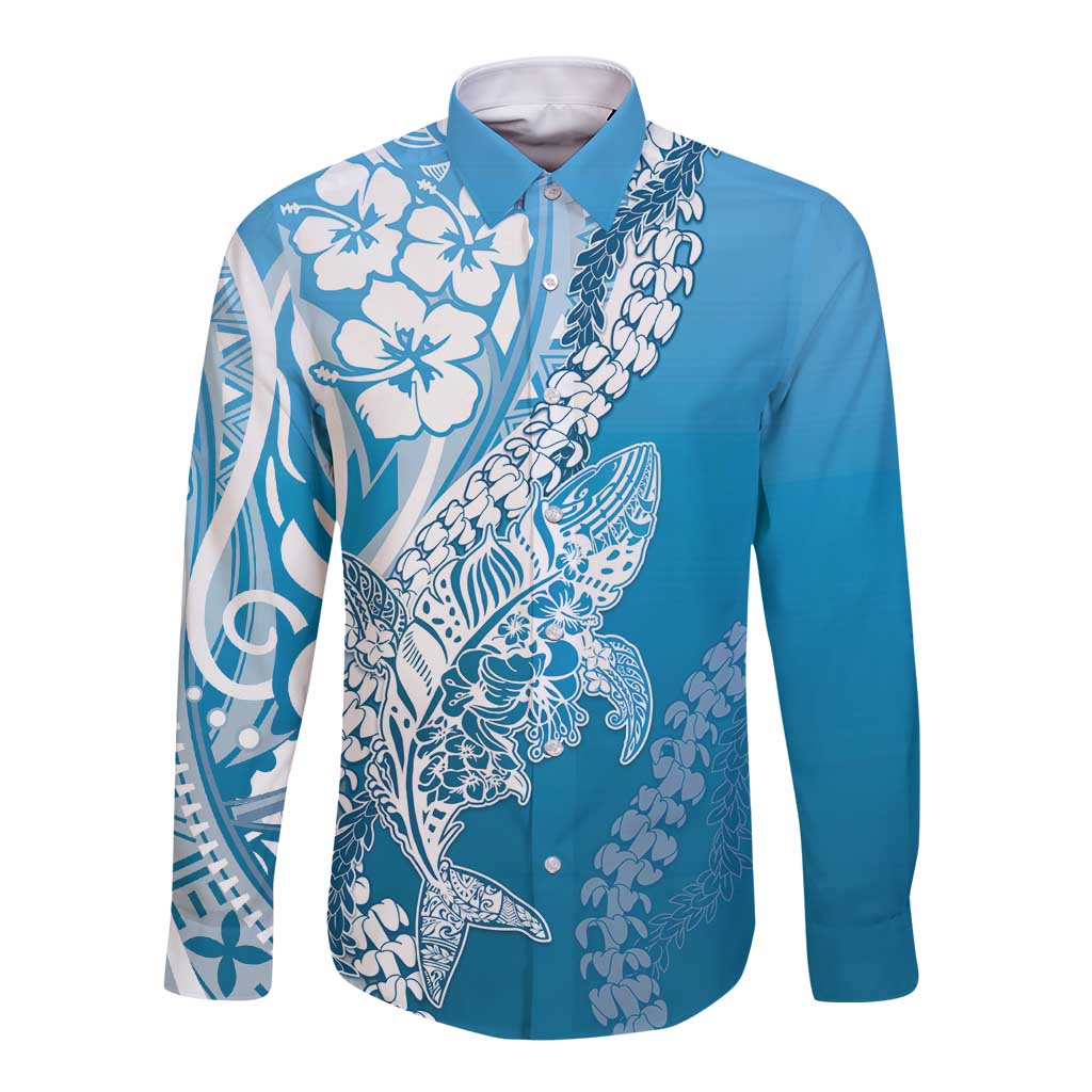 Hawaii Puakenikeni And Maile Lei Long Sleeve Button Shirt Blue Polynesian Shark Tattoo DT05