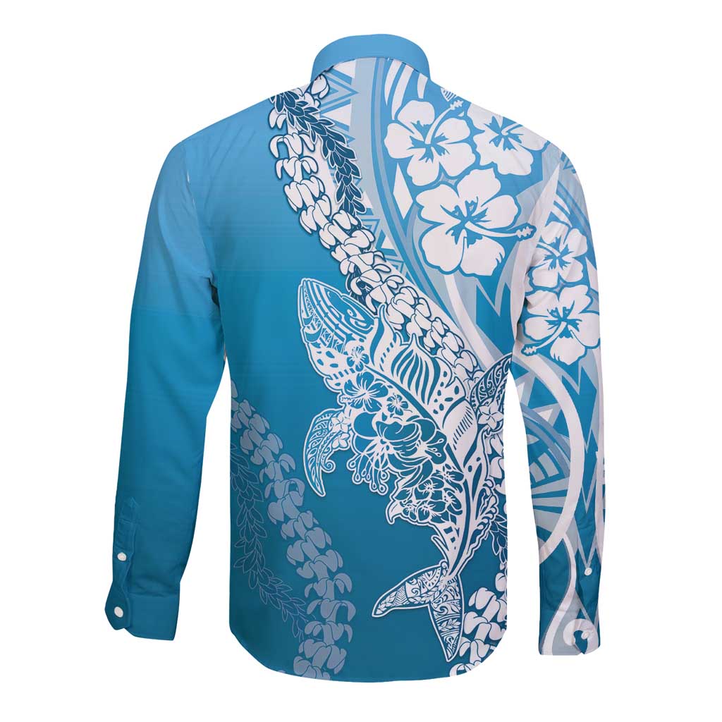 Hawaii Puakenikeni And Maile Lei Long Sleeve Button Shirt Blue Polynesian Shark Tattoo DT05