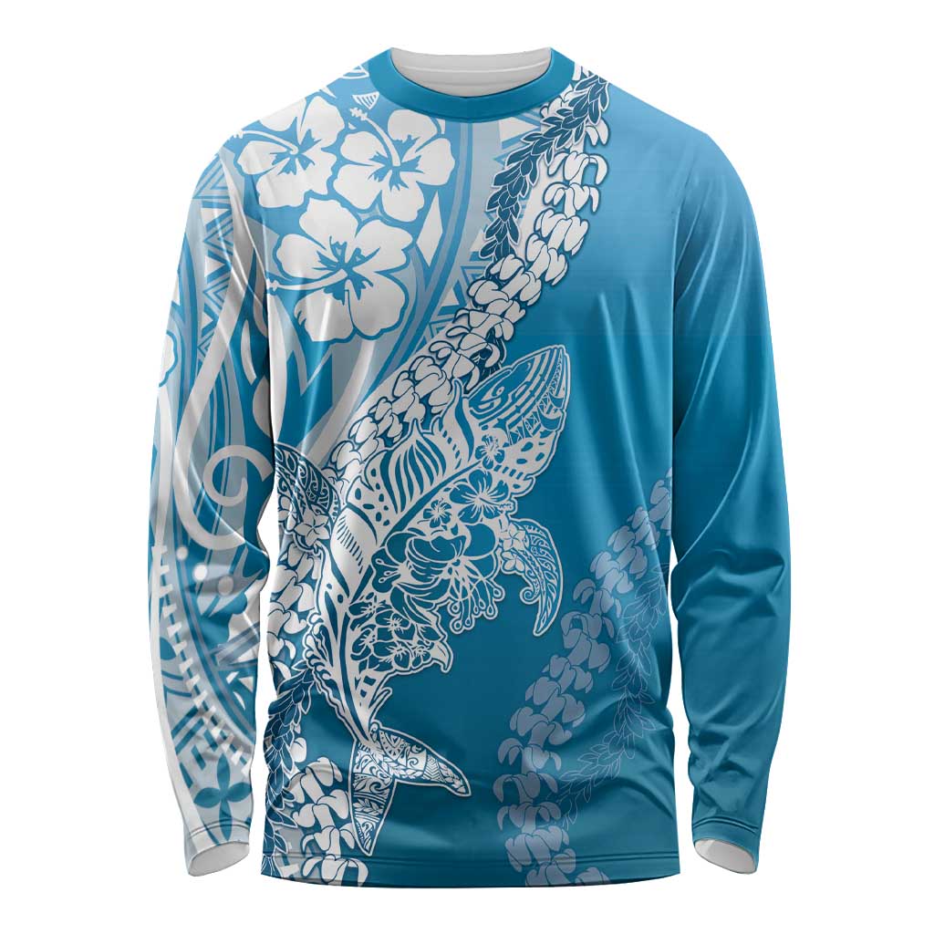 Hawaii Puakenikeni And Maile Lei Long Sleeve Shirt Blue Polynesian Shark Tattoo DT05