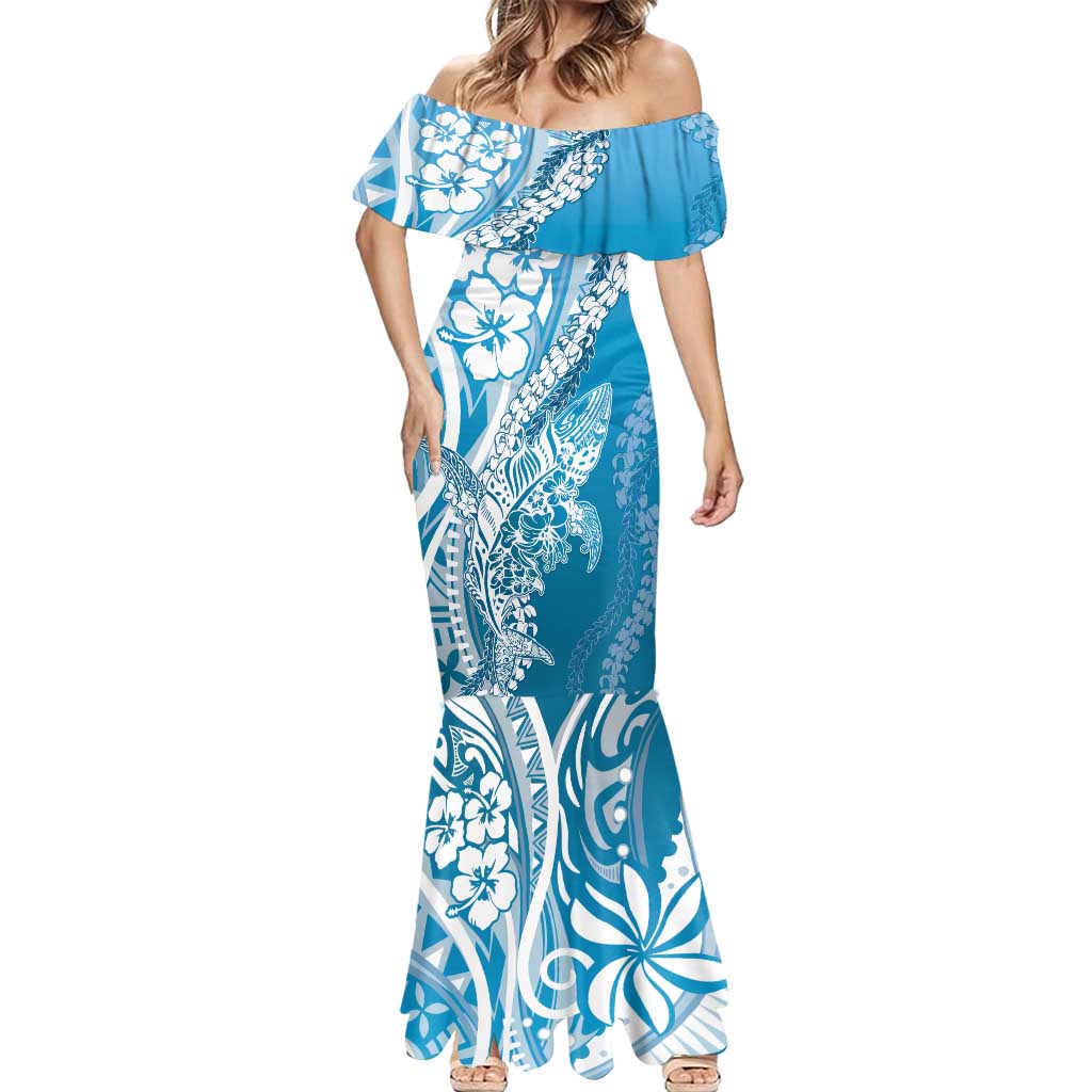 Hawaii Puakenikeni And Maile Lei Mermaid Dress Blue Polynesian Shark Tattoo DT05