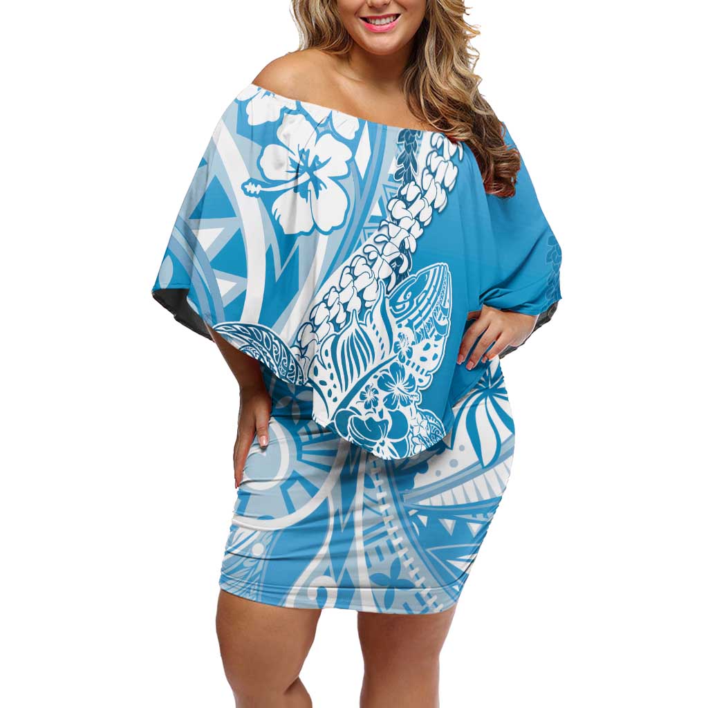 Hawaii Puakenikeni And Maile Lei Off Shoulder Short Dress Blue Polynesian Shark Tattoo DT05
