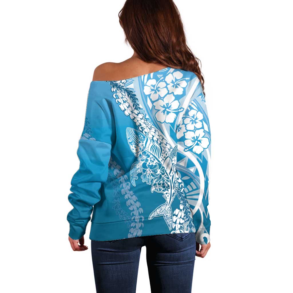 Hawaii Puakenikeni And Maile Lei Off Shoulder Sweater Blue Polynesian Shark Tattoo DT05