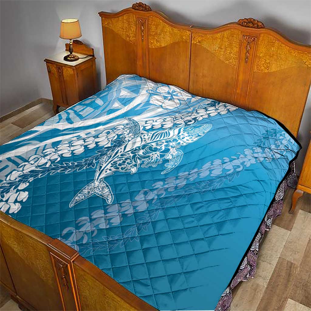 Hawaii Puakenikeni And Maile Lei Quilt Blue Polynesian Shark Tattoo DT05