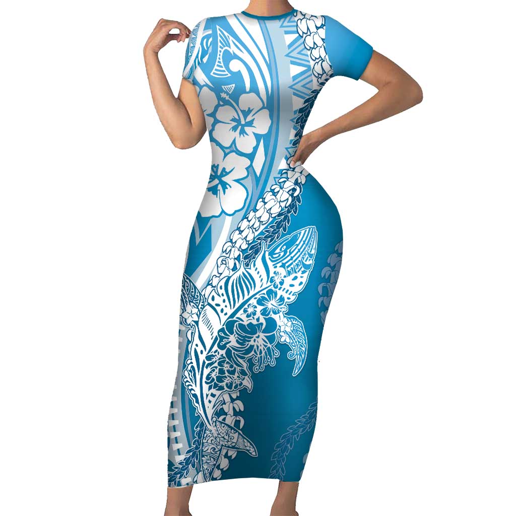 Hawaii Puakenikeni And Maile Lei Short Sleeve Bodycon Dress Blue Polynesian Shark Tattoo DT05