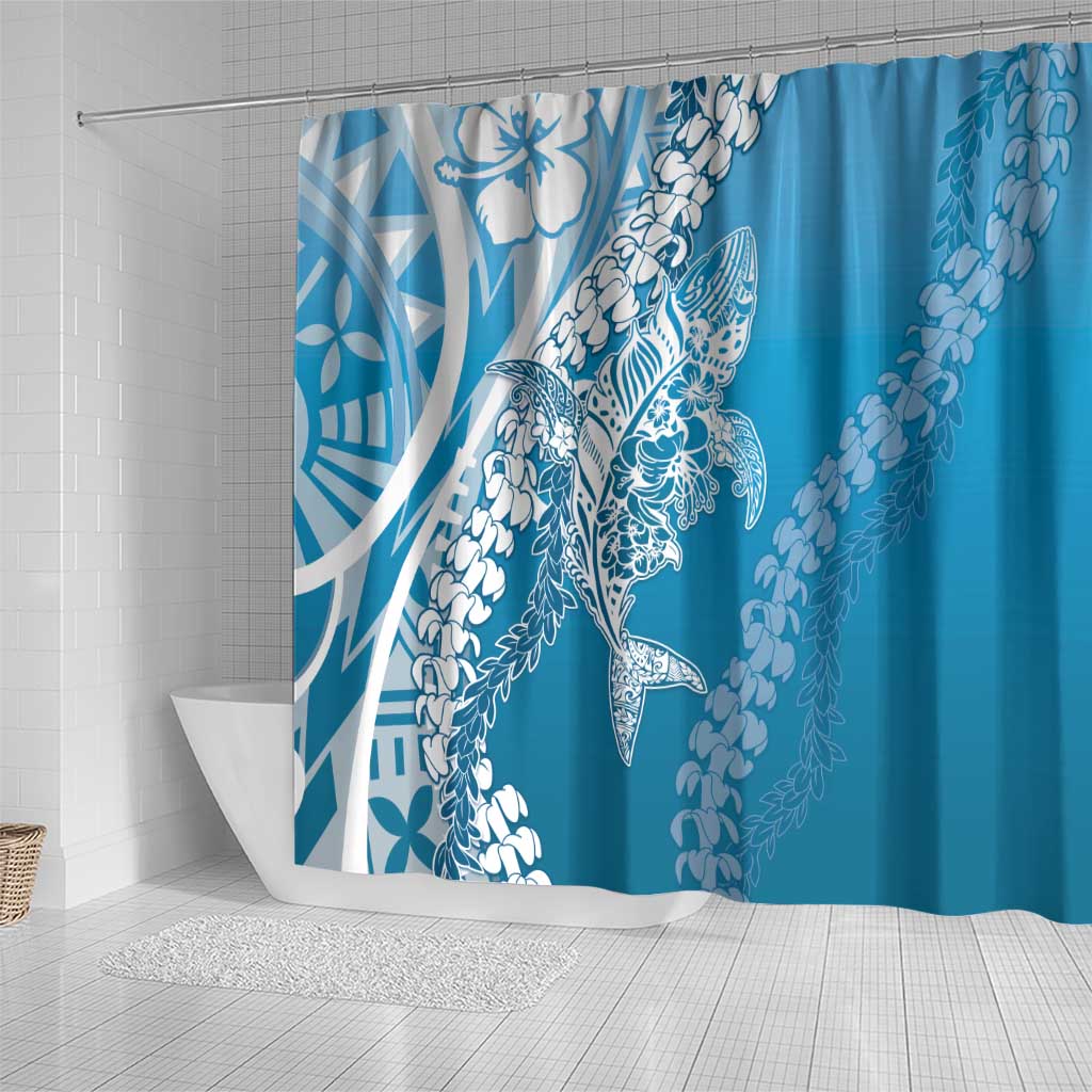 Hawaii Puakenikeni And Maile Lei Shower Curtain Blue Polynesian Shark Tattoo DT05