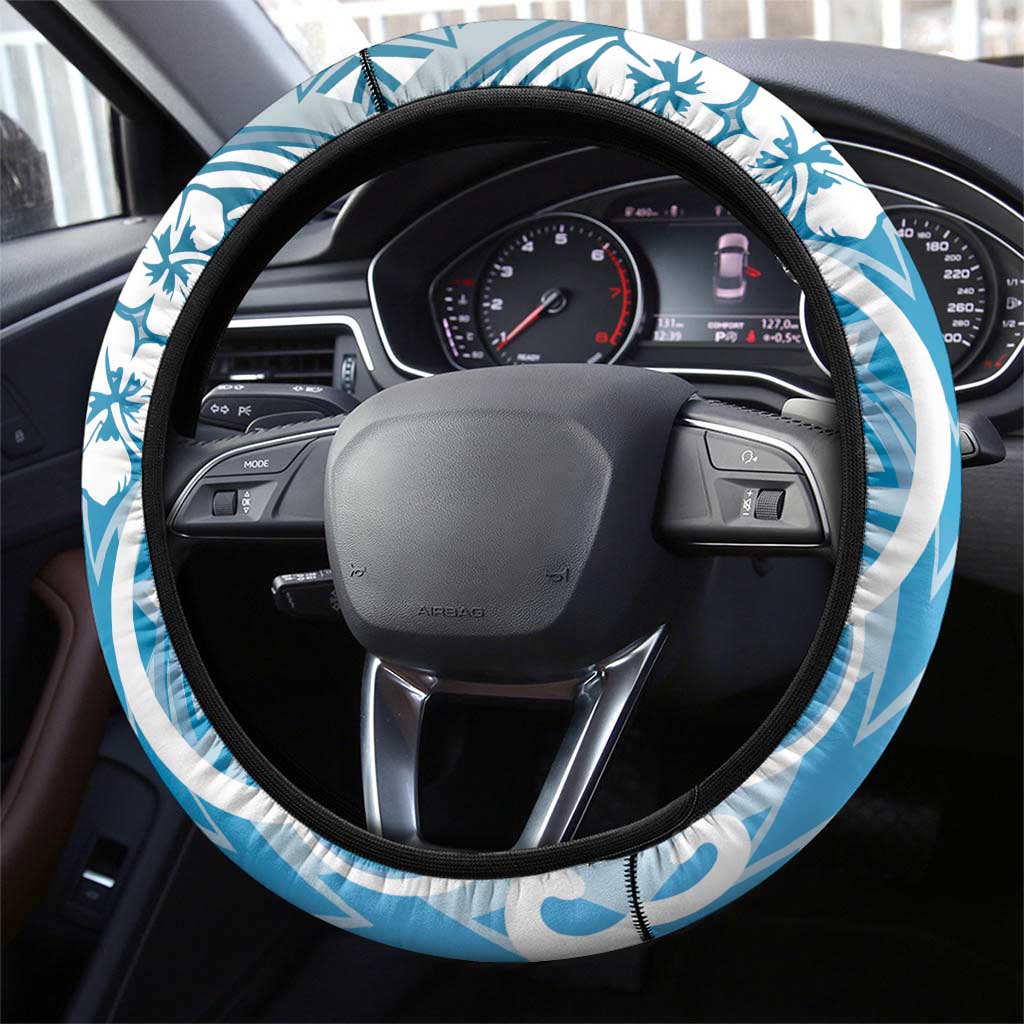 Hawaii Puakenikeni And Maile Lei Steering Wheel Cover Blue Polynesian Shark Tattoo DT05