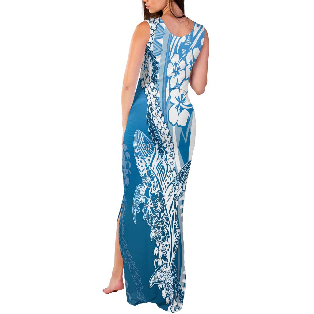 Hawaii Puakenikeni And Maile Lei Tank Maxi Dress Blue Polynesian Shark Tattoo DT05