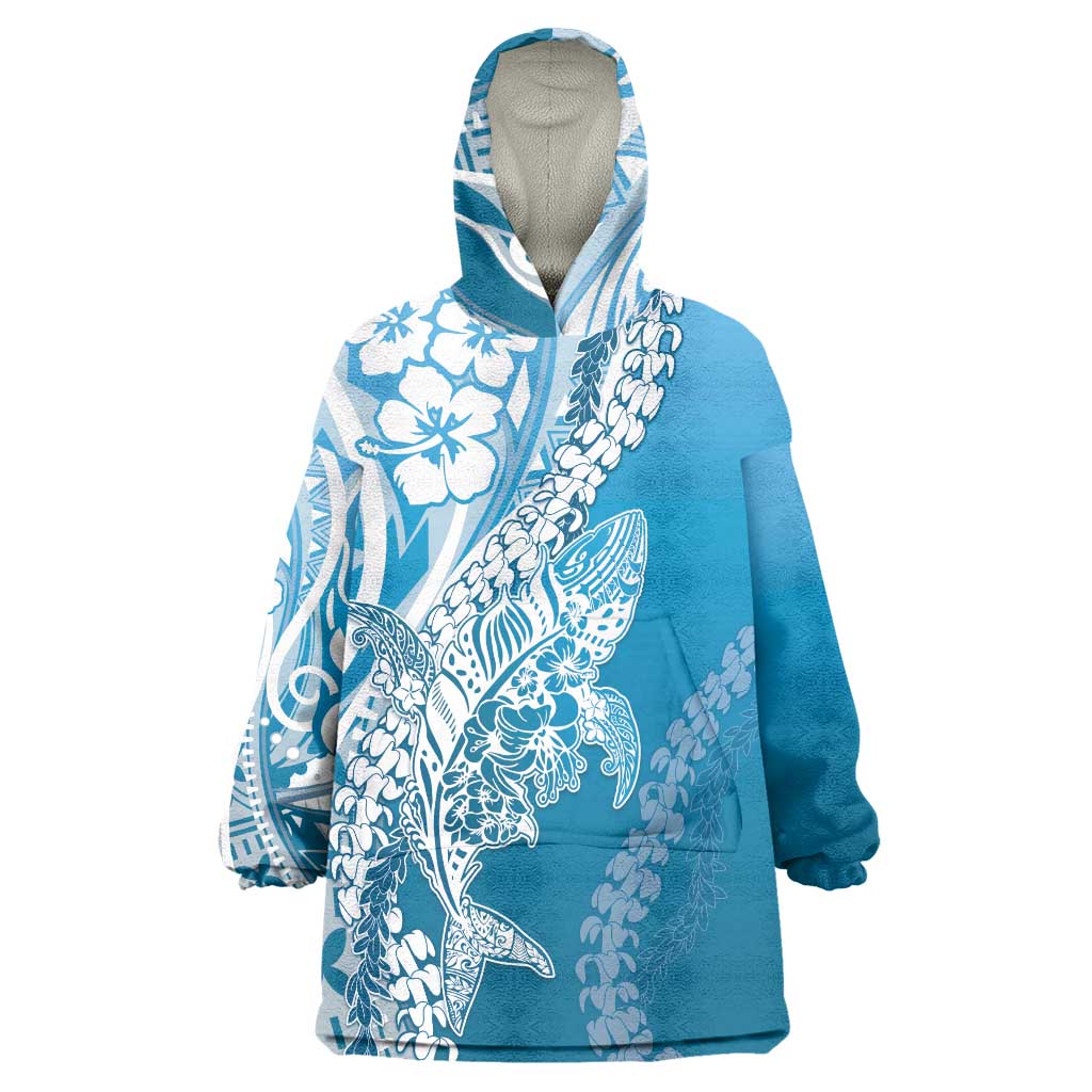 Hawaii Puakenikeni And Maile Lei Wearable Blanket Hoodie Blue Polynesian Shark Tattoo DT05